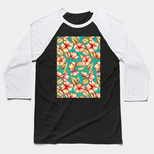 Rust & Teal Floral Pattern Baseball T-Shirt by micklyn